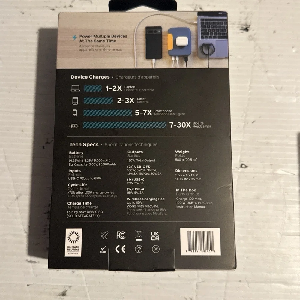 BioLite Charge 100 Max - 100W USB-C Powerbank/Portable Charger (25,000mAh) - NEW